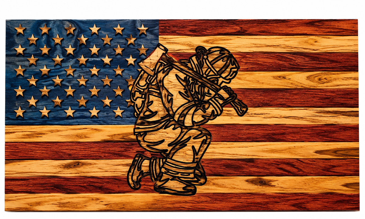 Hand-carved American flag with kneeling firefighter silhouette, solid pine wood wall decor